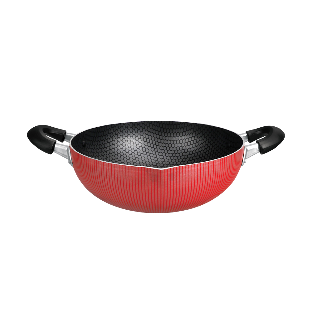 Royalford 30 cm Scarlet Honeycomb Kadai- RF12894/ Wokpan with Nonstick Interior Perfect for Sauting, Frying, Stir Frying, etc./ Equipped with Strong and Sturdy Bakelite Handles, Kitchen Use, Versatile and Strong Aluminum Construction/ Red