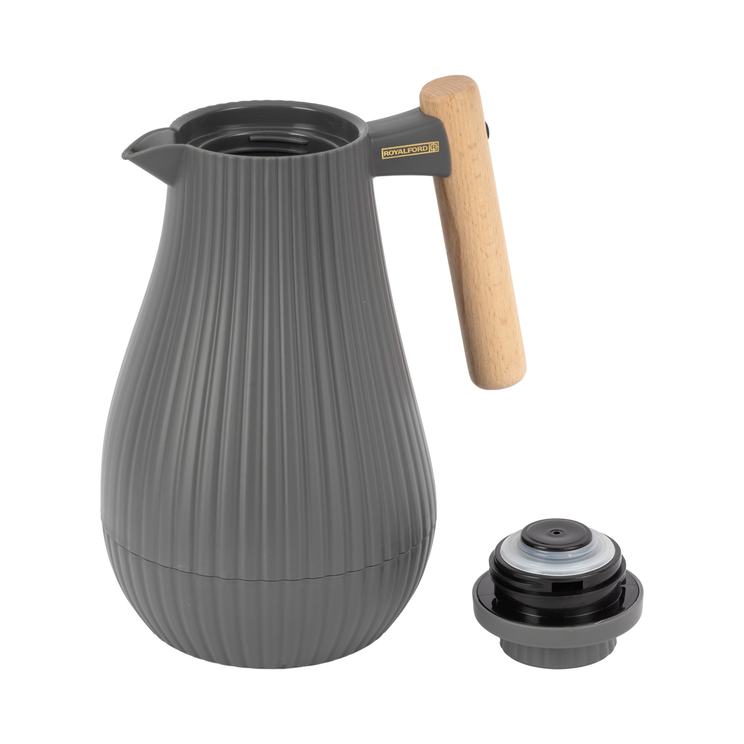 Royalford 1000 ml (33.5 oz) Insula Vacuum Flask with Wooden Handle- RF12972/ with Pink Glass Inner and PP Outer Body, Keeps Your Drinks Hot or Cold, Asbestos-Free and Hygienic/ Leak-Proof and Portable Design, Suitable for Indoor and Outdoor Use/ Grey - Image 3