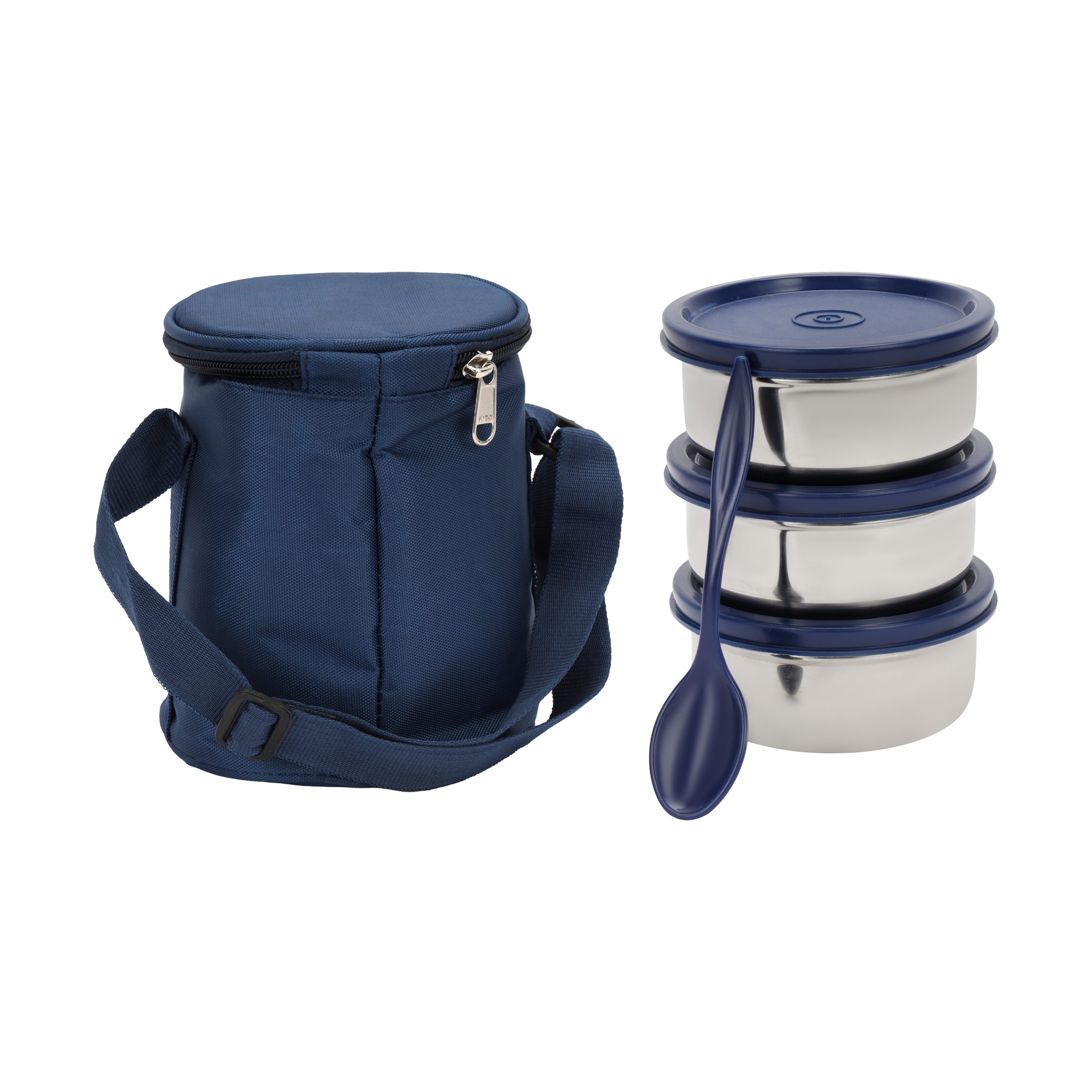Royalford 1050 ml Stainless Steel Lunch Box with 3 Carry Bag- RF13042/ 3 Round Boxes with 350 ml Capacity Each, Insulated Construction/ 100% Food-Grade, BPA-Free, Airtight Silicone Lids to Keep Food Fresh/ Compact, Portable Design/ Blue and Silver