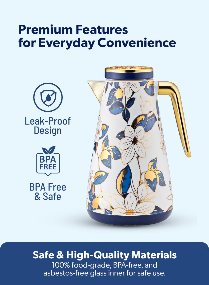 Royalford Flora Luxe 1.0 Litre Vacuum Flask - Floral Designer Insulated Thermal Jug with Pink Glass Inner Pot, Keeps Drinks Hot for 20 Hours and Cold for 24 Hours, BPA-Free & Leak-Resistant - Image 5