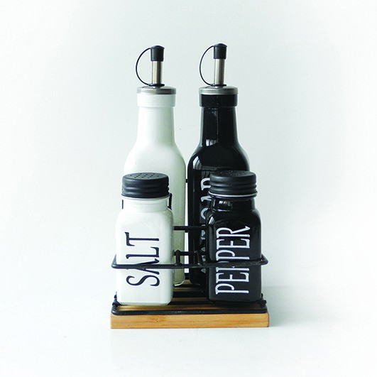 Royalford Oil Bottles and Shakers Set- RF13202/ with Stand, Food-Grade and Safe to Use/300 ml Bottle, 100 ml Shaker, Odor- and BPA-Free, Ideal for Use at Home, Restaurants, Kitchen Counters, Dining Tables, and Serving Setups/ Dispensers with Labels/ Brown and Golden