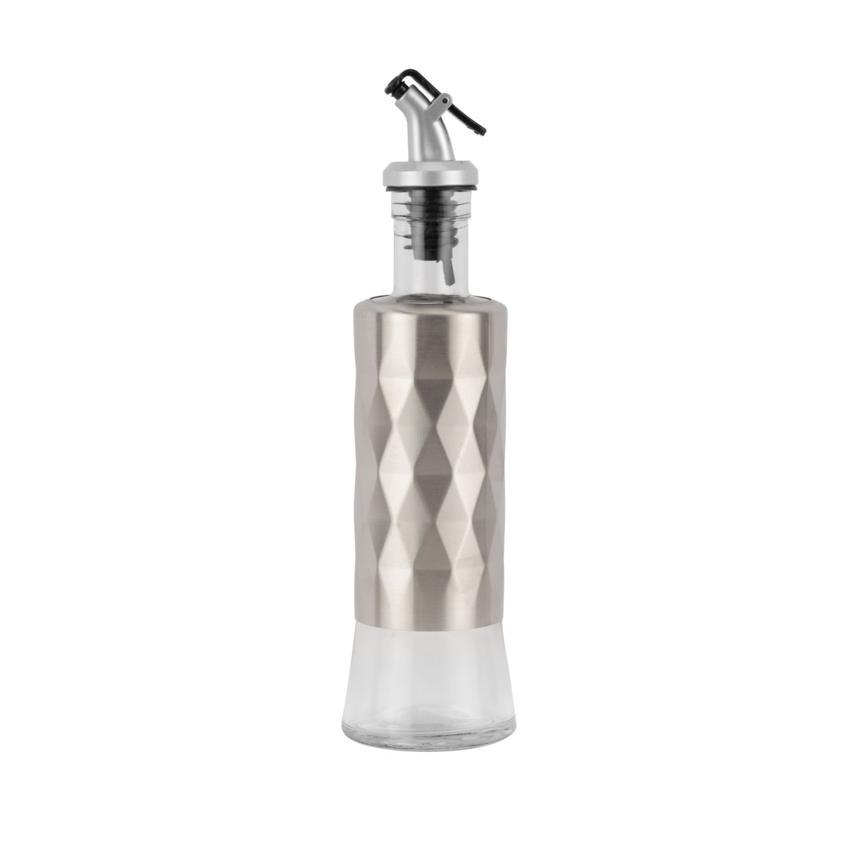 Royalford 300 ml Glass Oil Bottle- RF13206/Clear Body with Textured Diamond Pattern Top Sleeve, Stainless Steel Precision Pour Spout, Perfect for Dispensing Oils, Vinegar, Olive Oil, Spices, Etc./Lead-Free and Odor-Free/ Silver