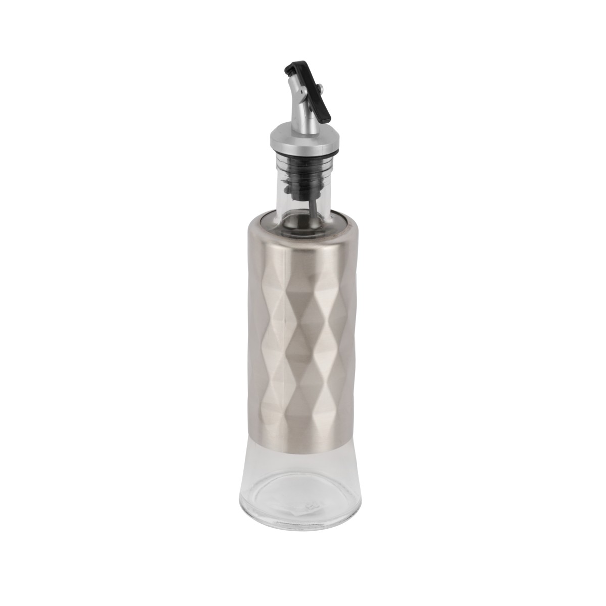 Royalford 300 ml Glass Oil Bottle- RF13206/Clear Body with Textured Diamond Pattern Top Sleeve, Stainless Steel Precision Pour Spout, Perfect for Dispensing Oils, Vinegar, Olive Oil, Spices, Etc./Lead-Free and Odor-Free/ Silver - Image 3