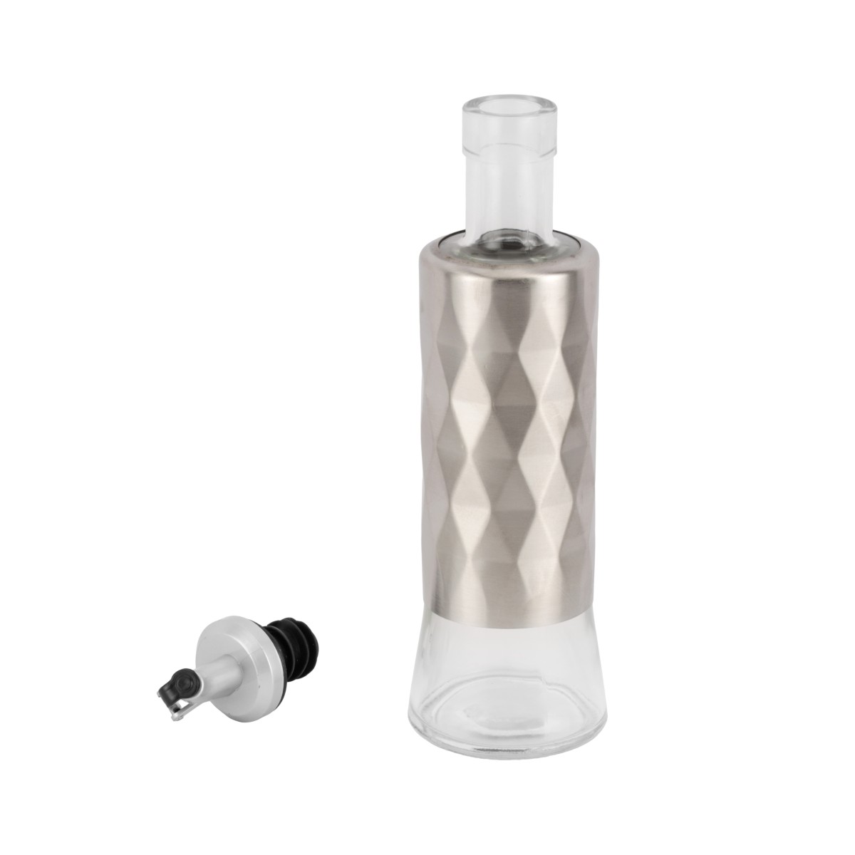 Royalford 300 ml Glass Oil Bottle- RF13206/Clear Body with Textured Diamond Pattern Top Sleeve, Stainless Steel Precision Pour Spout, Perfect for Dispensing Oils, Vinegar, Olive Oil, Spices, Etc./Lead-Free and Odor-Free/ Silver - Image 4