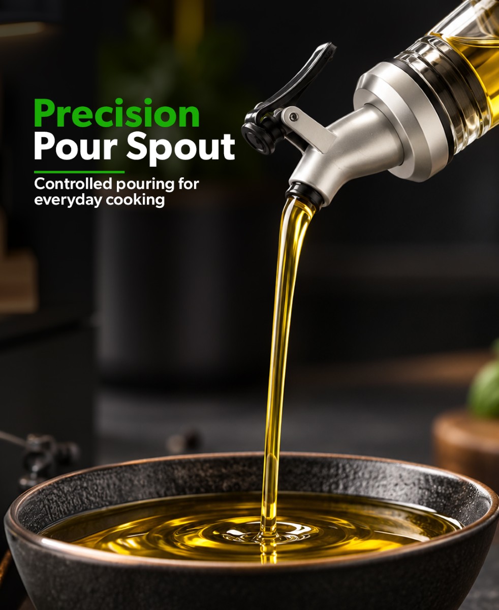 Royalford 300 ml Glass Oil Bottle- RF13206/Clear Body with Textured Diamond Pattern Top Sleeve, Stainless Steel Precision Pour Spout, Perfect for Dispensing Oils, Vinegar, Olive Oil, Spices, Etc./Lead-Free and Odor-Free/ Silver - Image 5