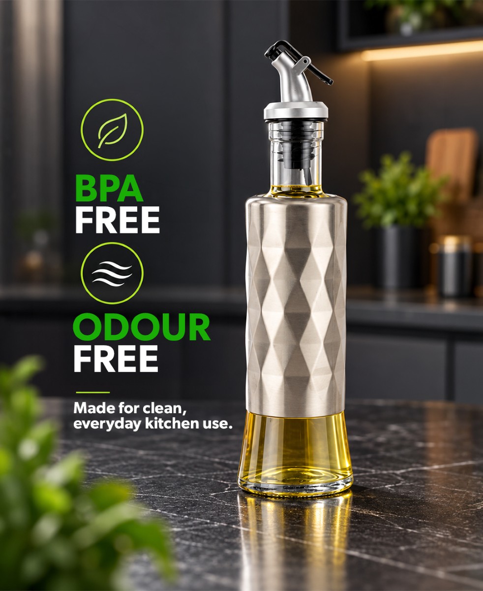 Royalford 300 ml Glass Oil Bottle- RF13206/Clear Body with Textured Diamond Pattern Top Sleeve, Stainless Steel Precision Pour Spout, Perfect for Dispensing Oils, Vinegar, Olive Oil, Spices, Etc./Lead-Free and Odor-Free/ Silver - Image 6