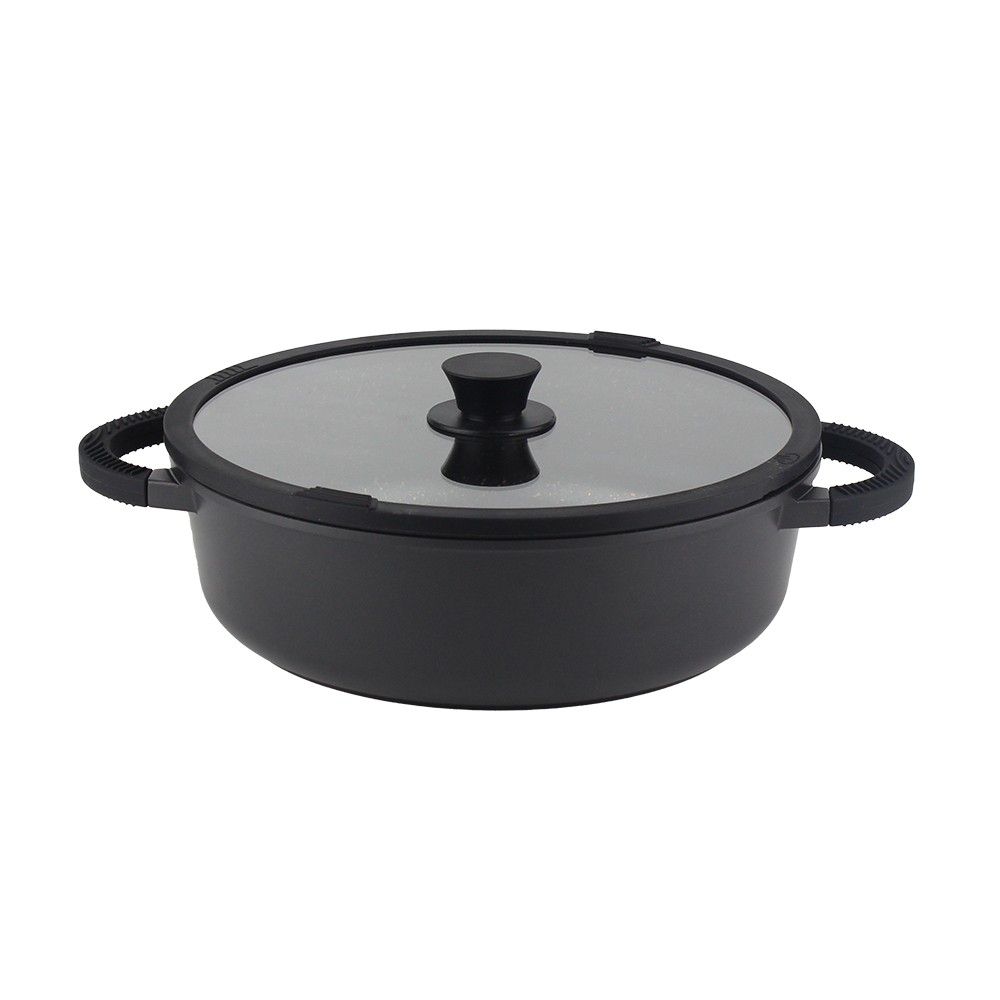 Royalford RF13264 SHALLOW CASSEROLE WITH GLASS LID - Golden Chef Premium Die - Cast Cookware 28Cm - 4.5 L