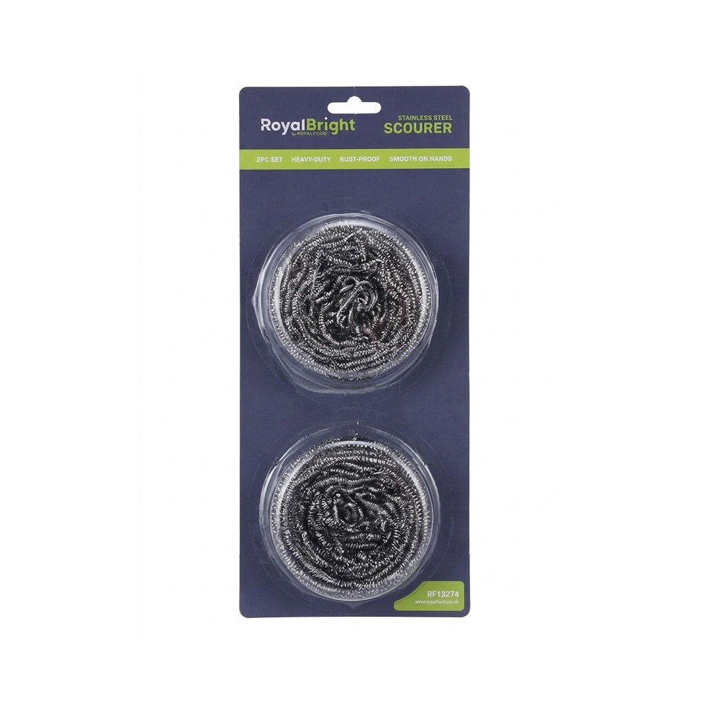 RoyalBright by Royalford Stainless Steel Scourers 2-Piece Pack, 8.5 cm Heavy-Duty Kitchen Scrubbers, Rust-Resistant Coiled Steel Wool Pads, Flexible & Smooth on Hands, for Cookware, Kitchen Sink & Stovetop
