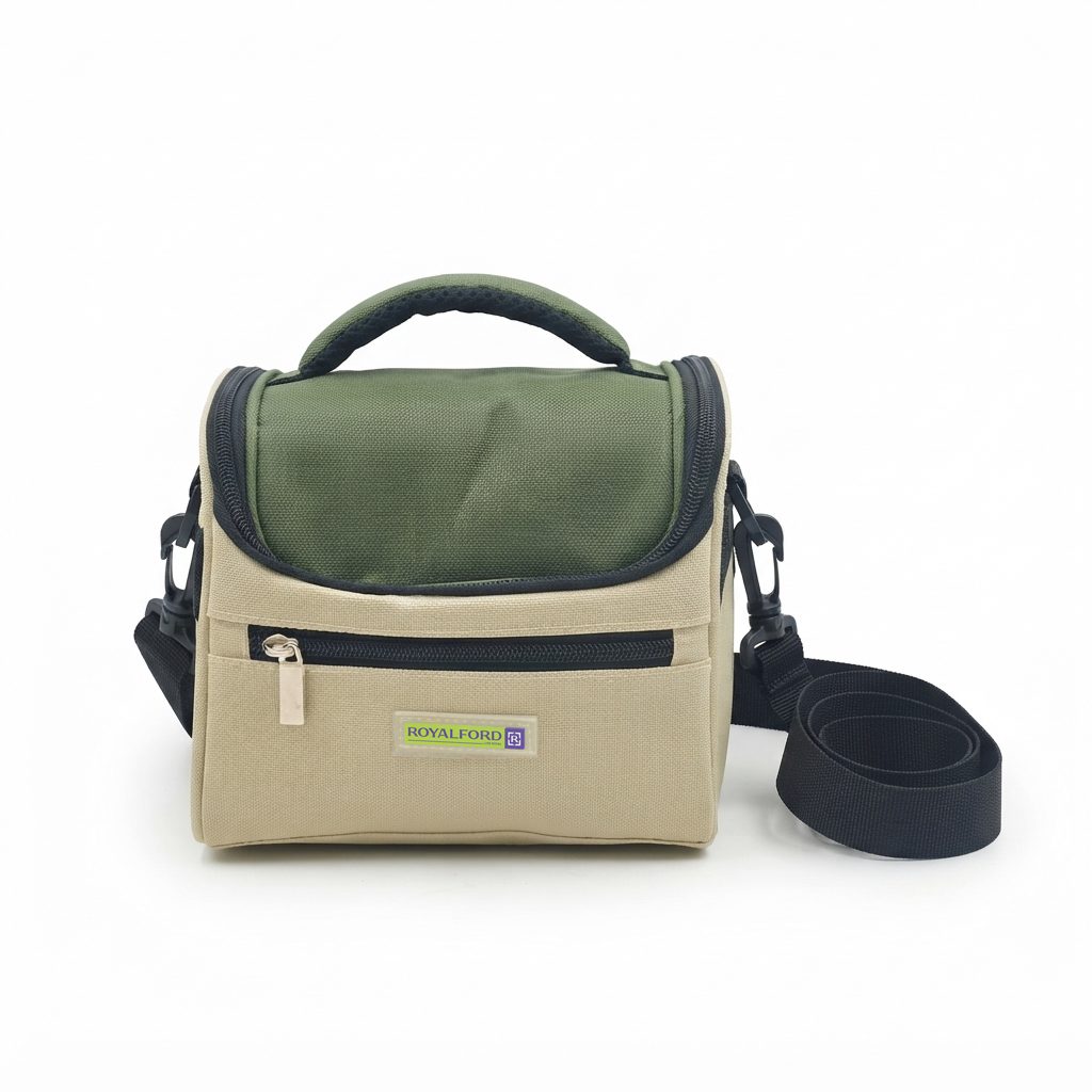 Royalford 4 Liter Insulated Lunch Carry Bag- RF13311/ with Long Shoulder Straps, Compact and Lightweight/ Polyester Water Resistant, Easy Cleaning, Perfect for Office, School, Picnic, Travel, etc./ Beige and Blue