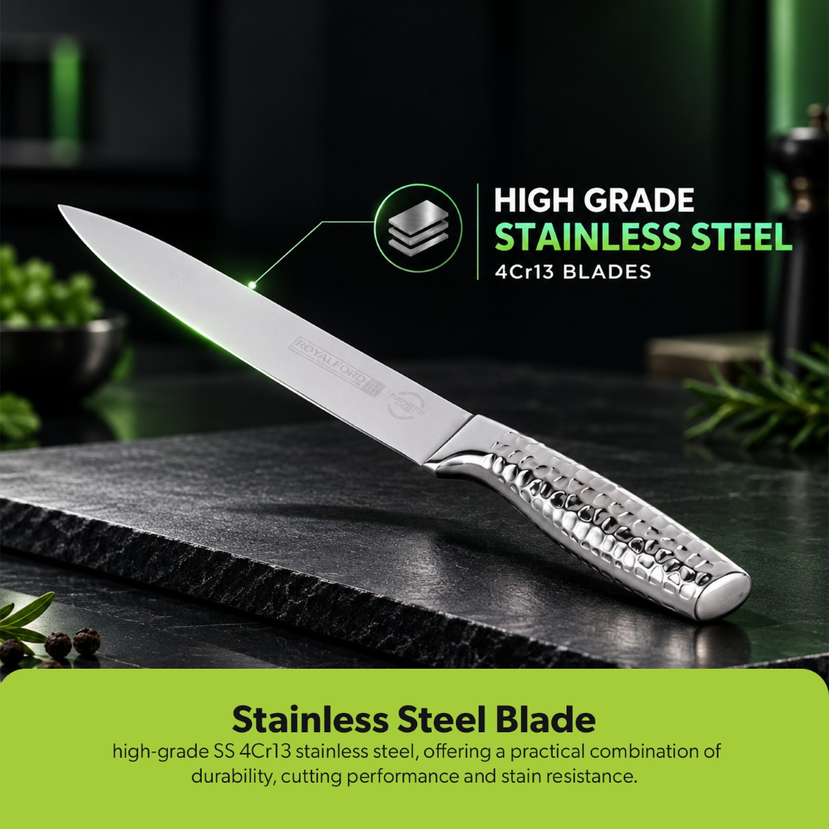 Royalford RF13326 8" Carving Knife- with High Grade Stainless Steel 4Cr13 Blades and 100% Food-Grade/ Dishwasher Safe, Marks and Stain Resistant, Suitable for Dining Table, Home and Restaurant/ Perfect for Chopping, Dicing, Mincing, Etc - Image 5