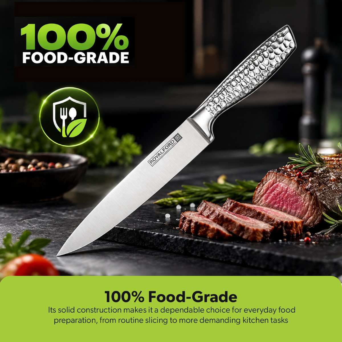 Royalford RF13326 8" Carving Knife- with High Grade Stainless Steel 4Cr13 Blades and 100% Food-Grade/ Dishwasher Safe, Marks and Stain Resistant, Suitable for Dining Table, Home and Restaurant/ Perfect for Chopping, Dicing, Mincing, Etc - Image 6