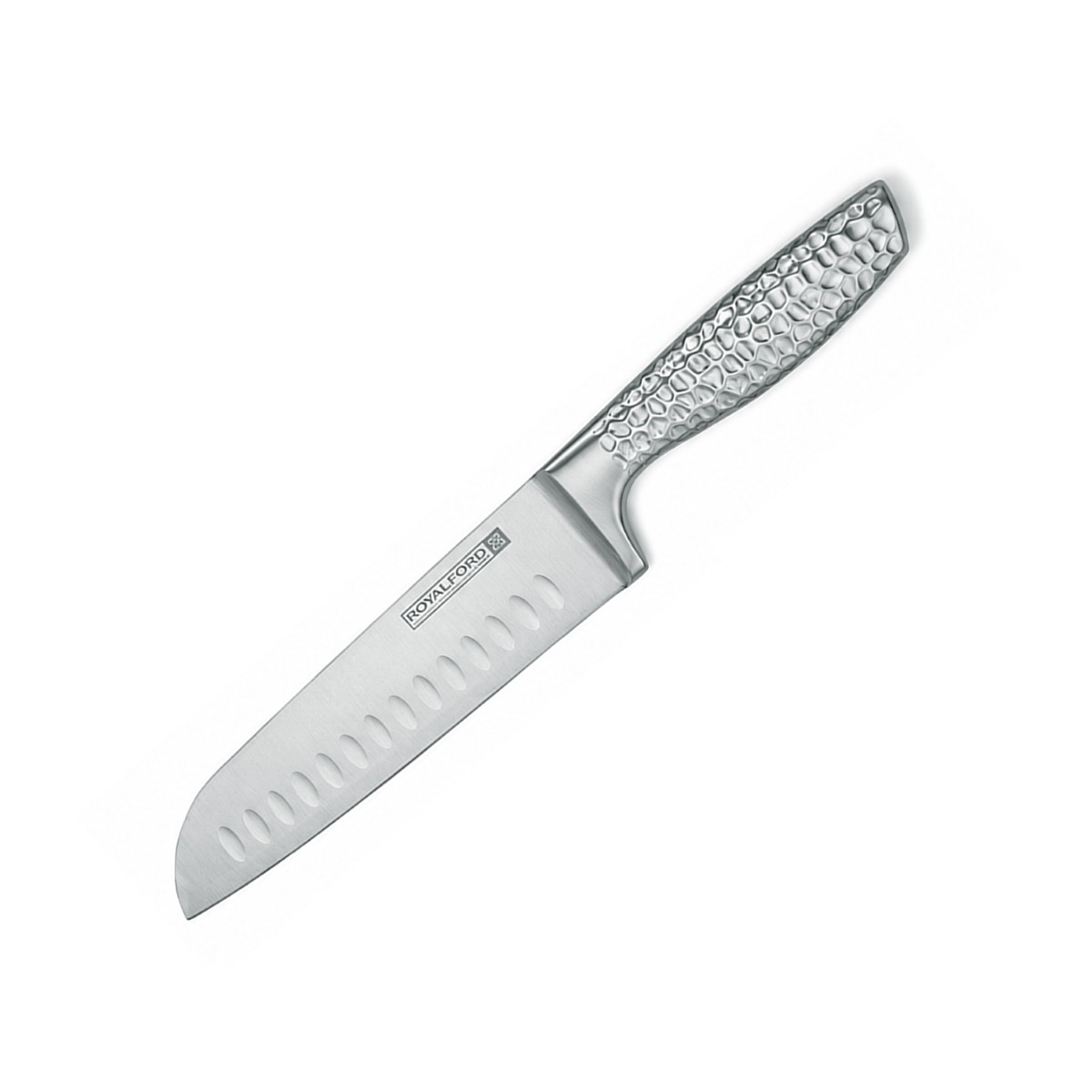 Royalford 7-Inch Santoku Knife, High-Grade 4Cr13 Stainless Steel Blade, Continuous All-Metal Construction, Ergonomic Hammered Grip, Hollow-Edge Design, Stain Resistant & Dishwasher Safe, 18cm Kitchen Knife for Slicing, Dicing & Chopping